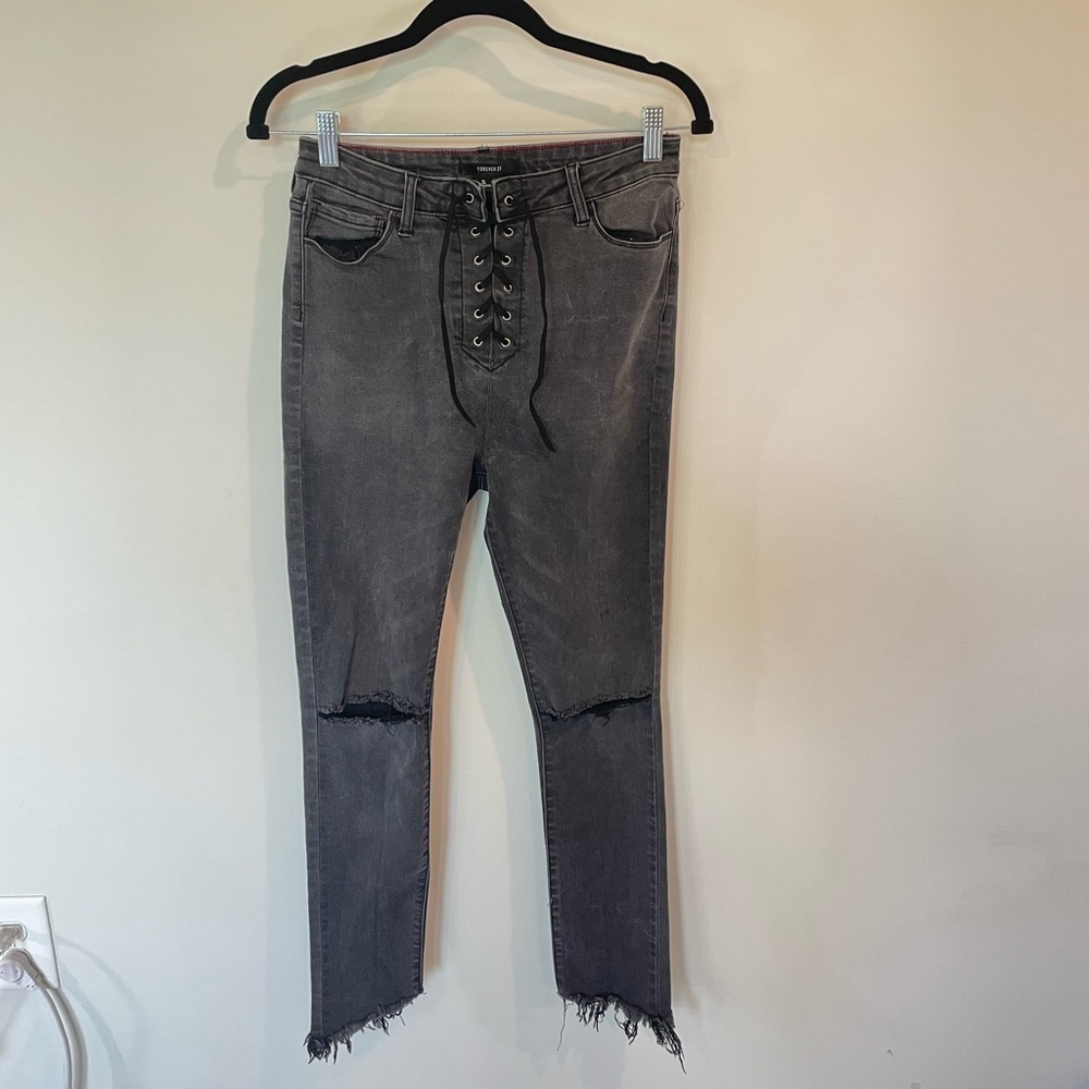 Forever21 Distressed Lace Up High-Rise Black Denim Jeans